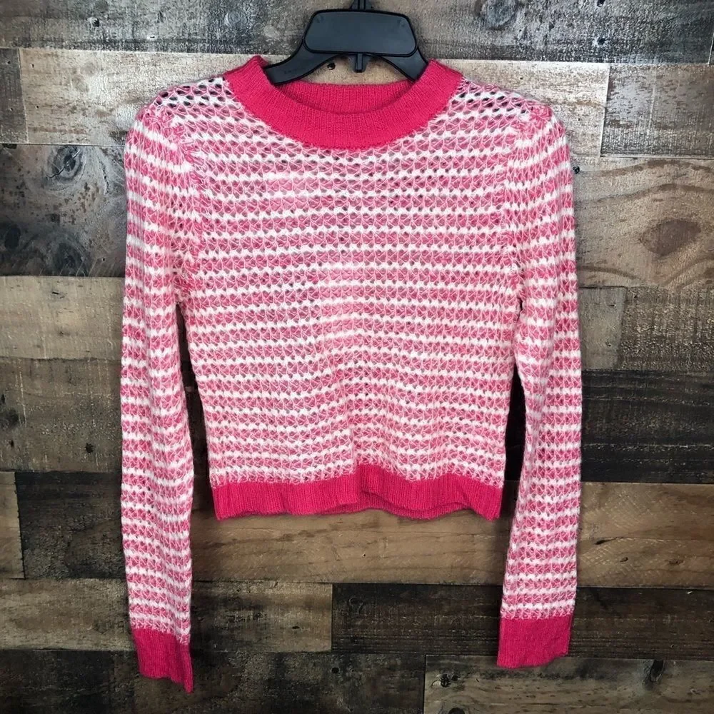 Nordstrom Rack WAYF Crew Neck Sweater Loose Knit Pink Tan Ribbed cuffs hem XS